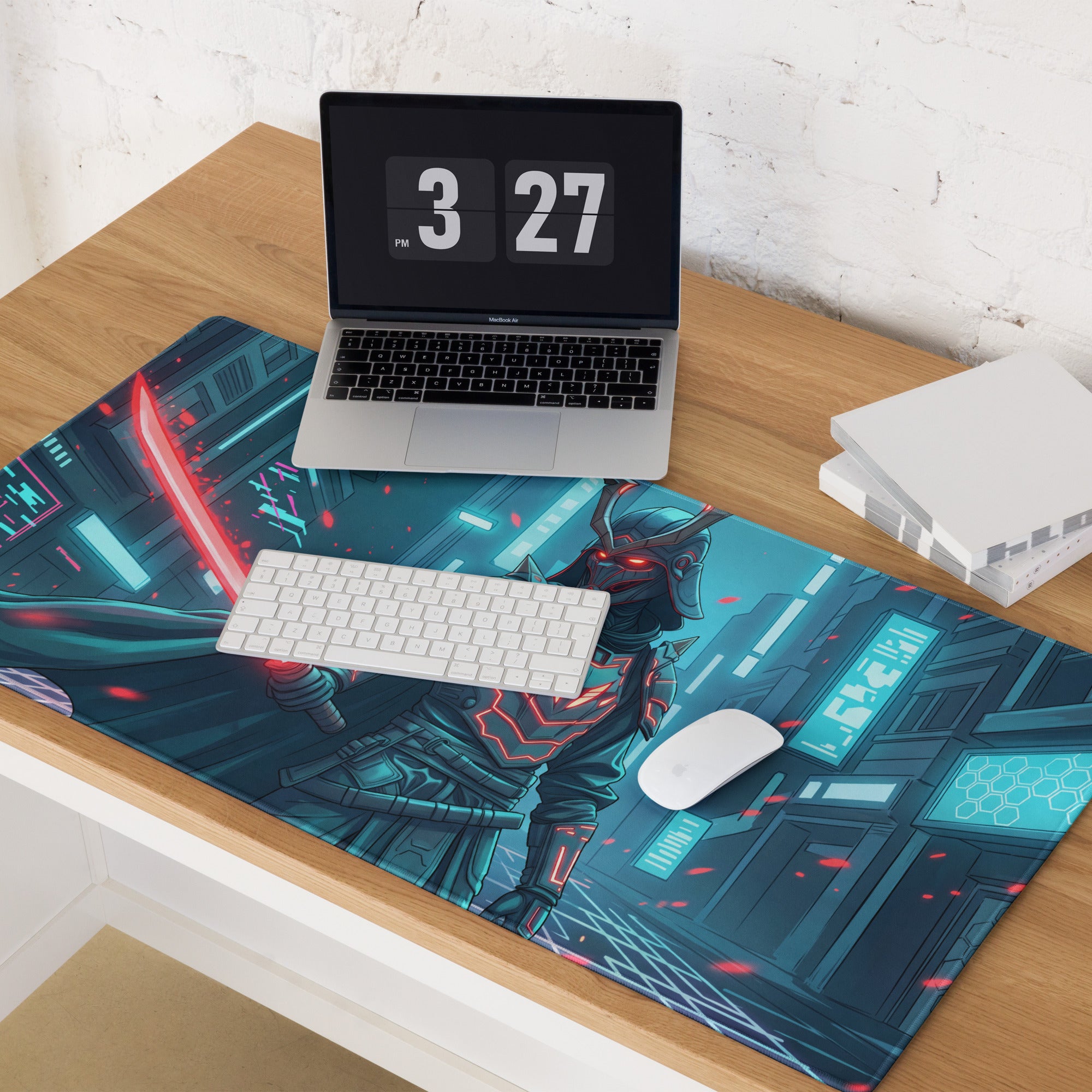 Vibrant neon samurai vaporwave mouse pad with glowing red eyes and teal cyberpunk cityscape for gaming desks