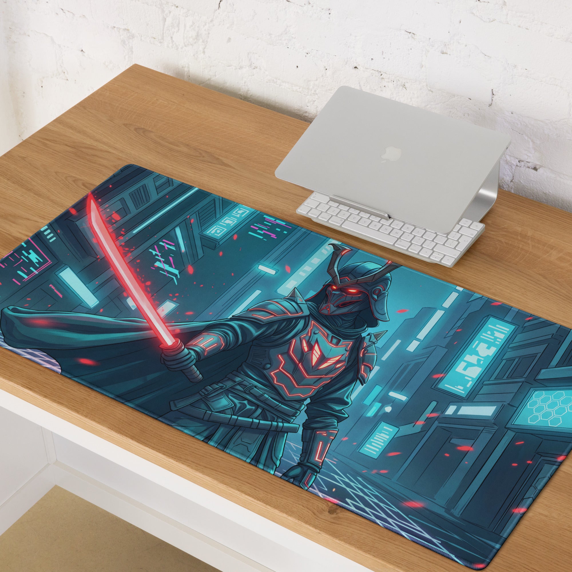 A sleek rectangular neon samurai mouse pad with vibrant blue and red vaporwave cyberpunk digital art for gaming desk use