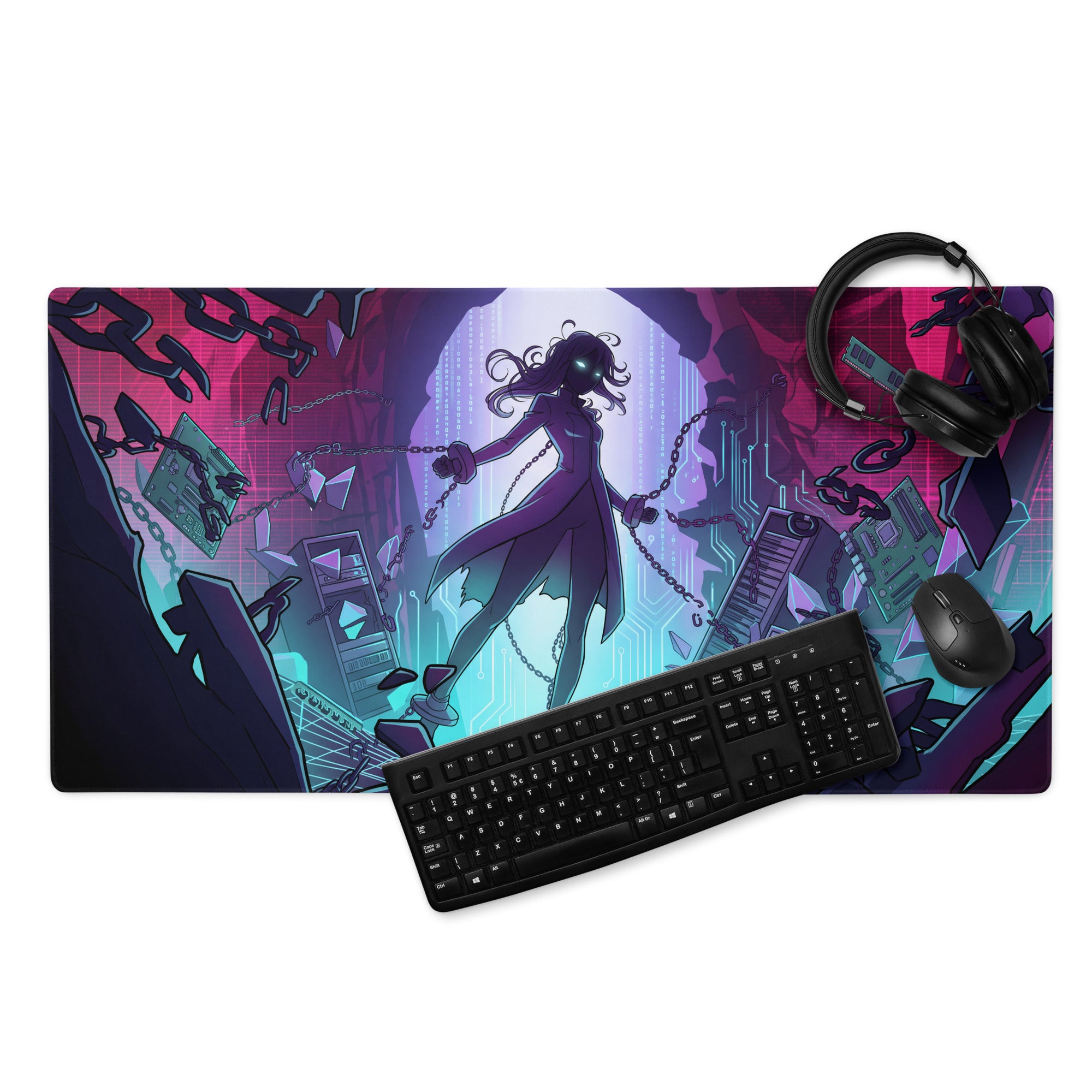 A vibrant rectangular neon vaporwave mouse pad with anime-style purple and teal figure chains and circuitry design