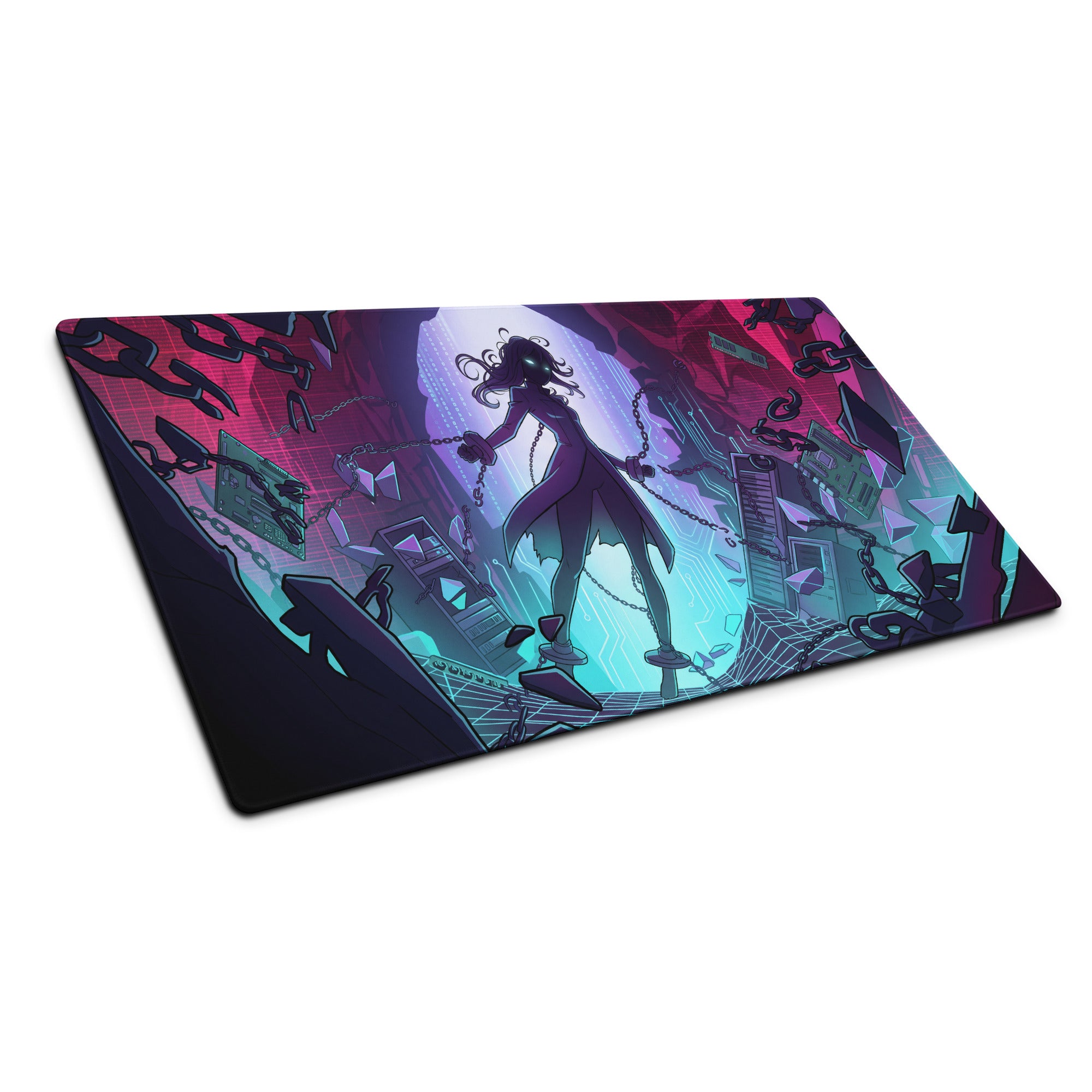 Vibrant neon vaporwave mouse pad with anime figure in dark purple coat against pink and teal cyberpunk ruins background