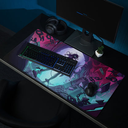 A vibrant neon vaporwave mouse pad featuring dynamic anime-inspired artwork in pink purple and teal for gaming use
