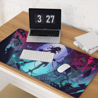 Vibrant purple and teal neon vaporwave gaming mouse pad with stylized character, chains, circuitry, and digital art design