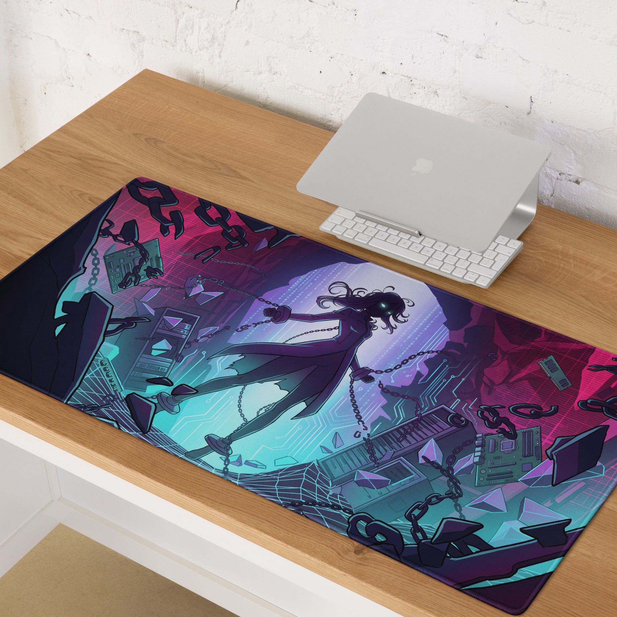 Neon vaporwave mouse pad with vibrant purple and teal anime character design for gaming and digital art use