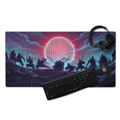 Vaporwave neon sunset gaming mouse pad with ninja silhouettes and vibrant neon pink teal grid sun backdrop