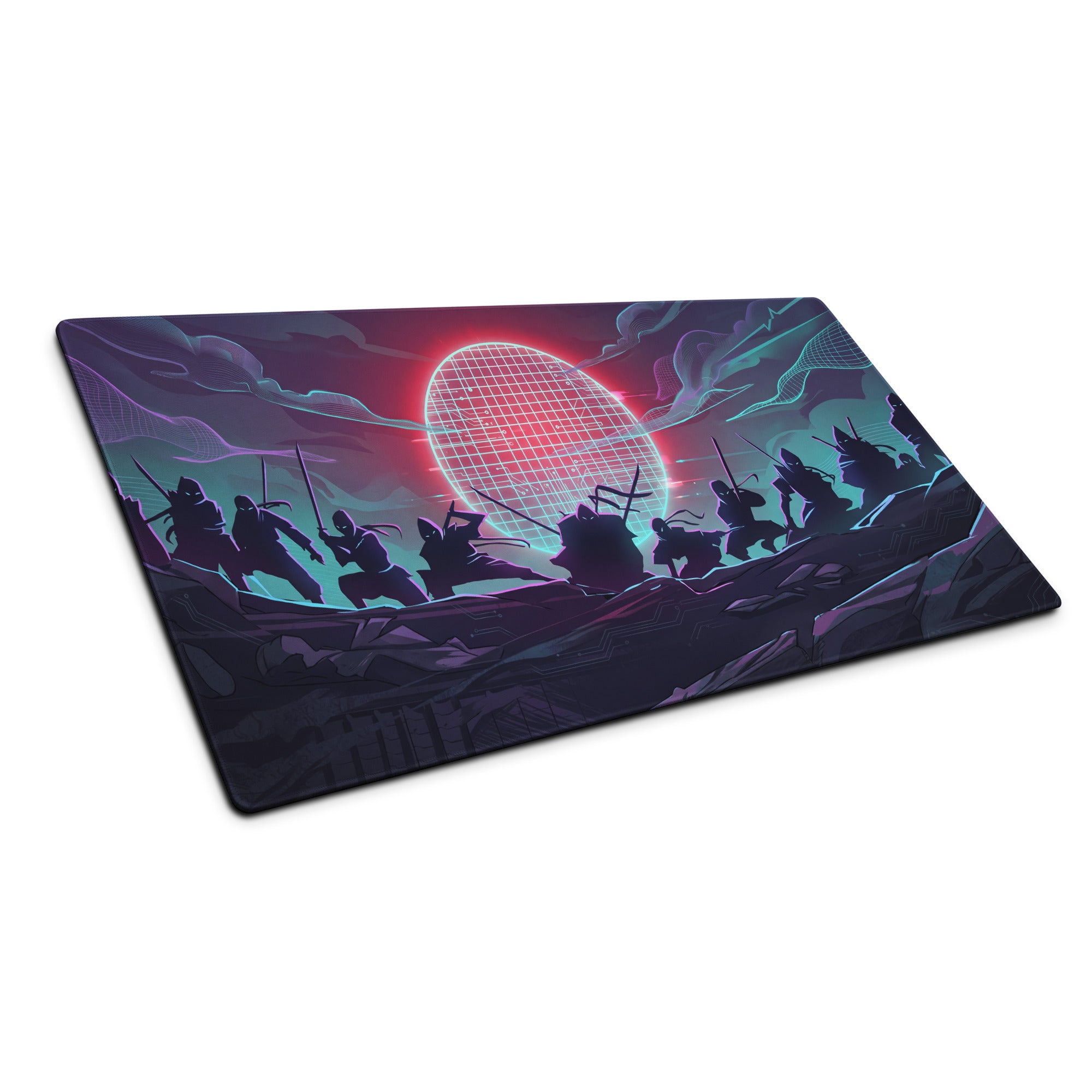 Vaporwave neon sunset mouse pad with ninja theme and vibrant neon red and teal digital sphere backdrop for gaming