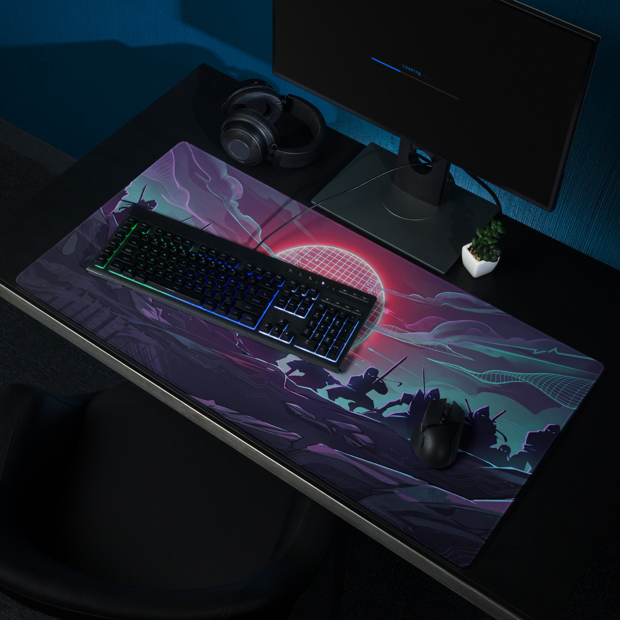 Vaporwave neon sunset gaming mouse pad with futuristic purple pink sci-fi soldiers silhouette and glowing red sun design