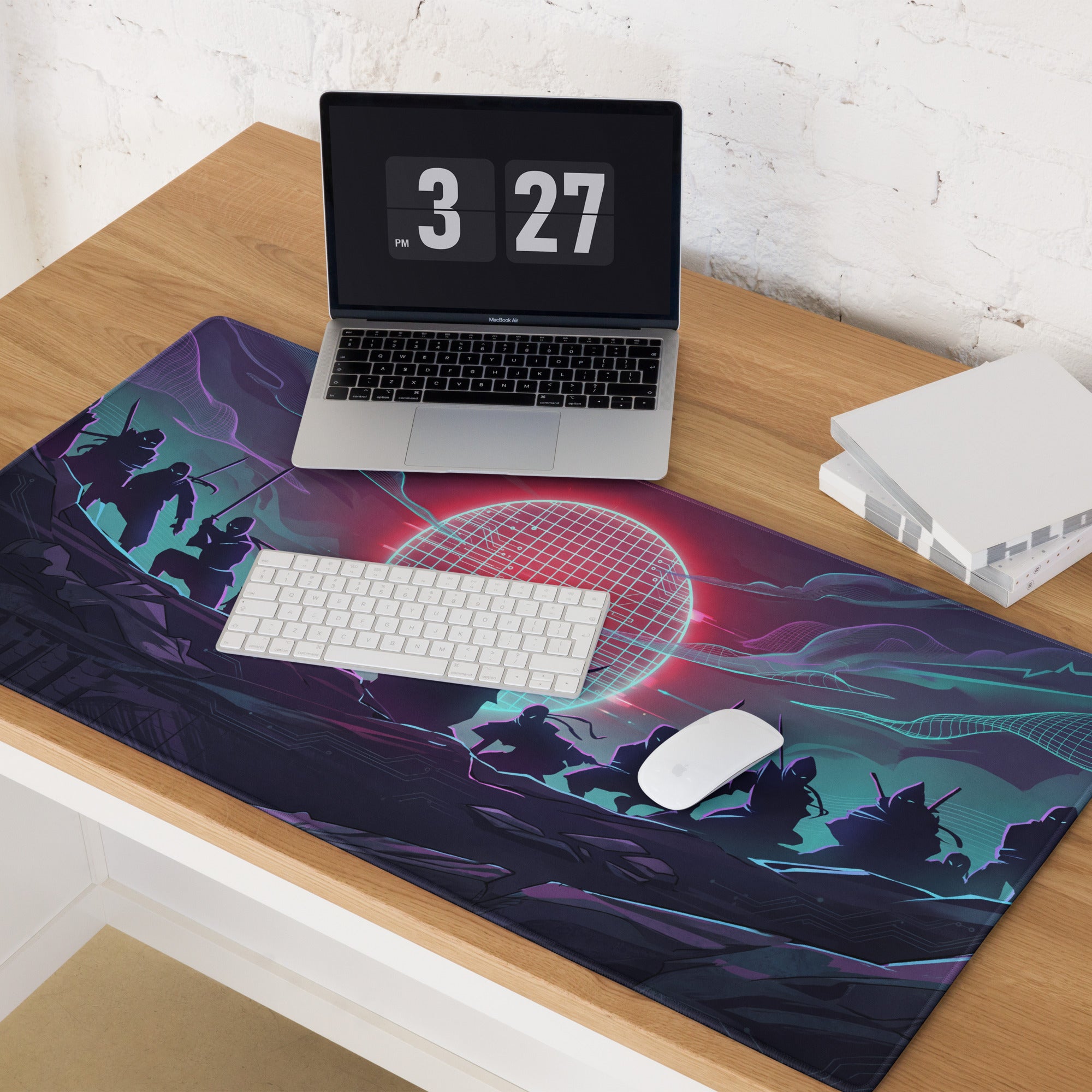 Vaporwave neon sunset gaming mouse pad with vibrant purple teal and red cyberpunk ninja design on smooth surface