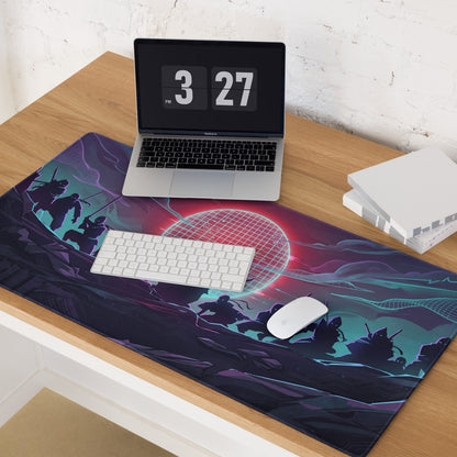 Vaporwave neon sunset gaming mouse pad with vibrant purple teal and red cyberpunk ninja design on smooth surface