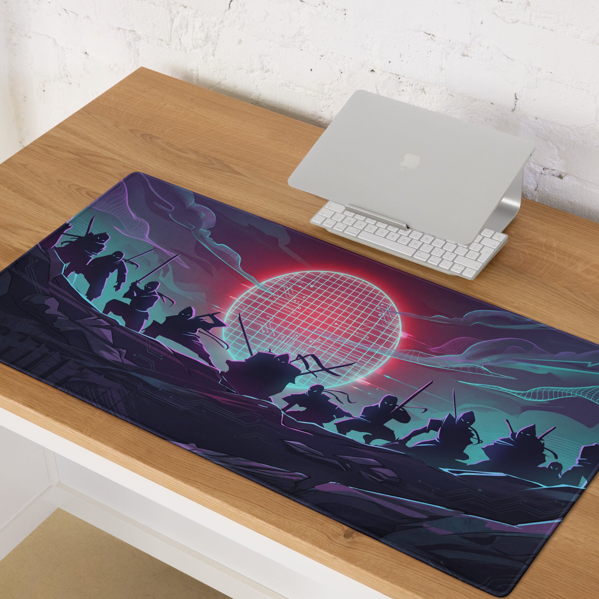 Vaporwave neon sunset rectangular gaming mouse pad in dark purple and teal with ninja battle scene under red sun