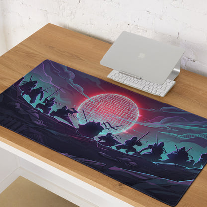 Vaporwave neon sunset rectangular gaming mouse pad in dark purple and teal with ninja battle scene under red sun