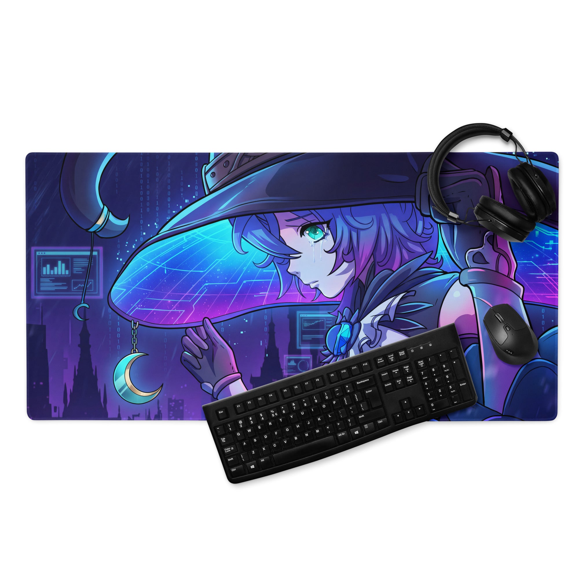 Vaporwave neon anime mouse pad featuring a vibrant purple and blue gradient with a witch character with glowing green eyes
