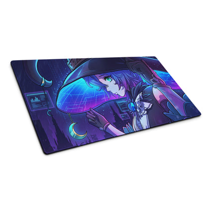 Navy blue and purple vaporwave neon anime mouse pad with glowing green eyed witch and futuristic cityscape design