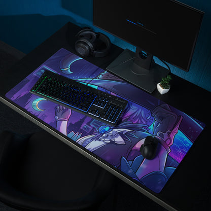 Purple and blue anime-themed gaming mouse pad with dynamic character illustration for vaporwave neon desk setup