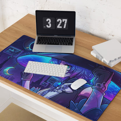 Purple and blue vaporwave neon anime mouse pad featuring a fantasy character with glowing accents for gaming setup