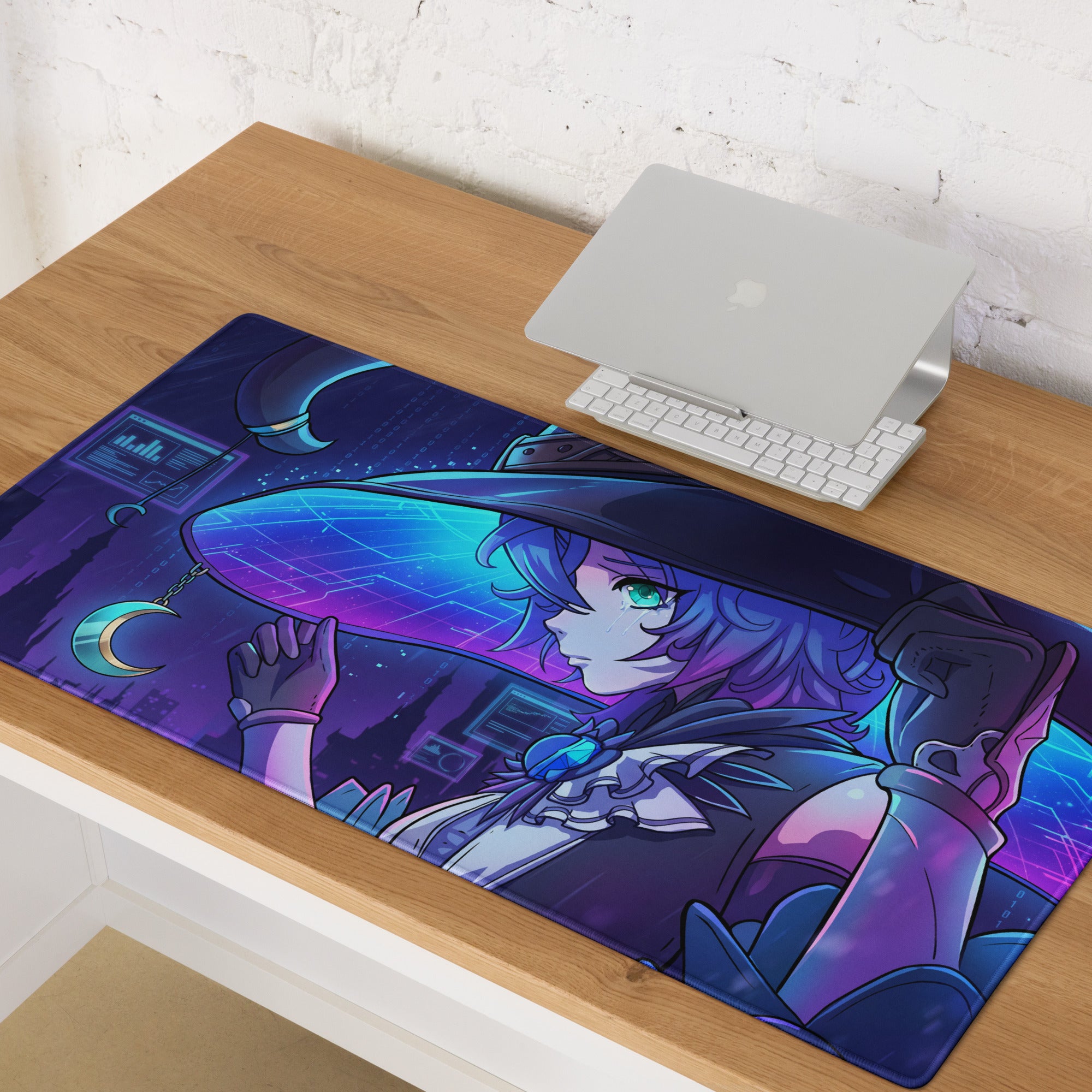 Vaporwave neon anime mouse pad featuring a vibrant purple and blue witch with glowing green eyes on a cosmic background