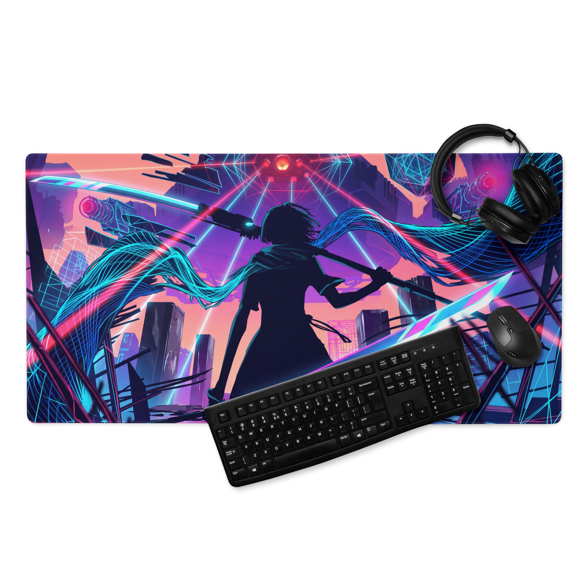 Neon cyberpunk anime-themed gaming mousepad with vibrant pink blue purple hues and futuristic warrior cityscape design