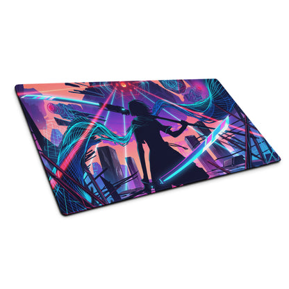 Nebula-themed gaming mousepad with anime warrior silhouette and neon pink blue purple vaporwave cityscape design