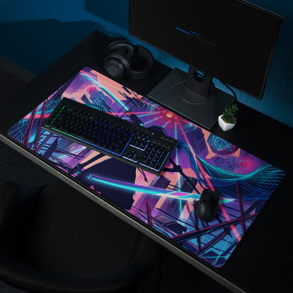 Vaporwave neon city gaming mouse pad with glossy surface and vibrant purple pink blue teal geometric patterns