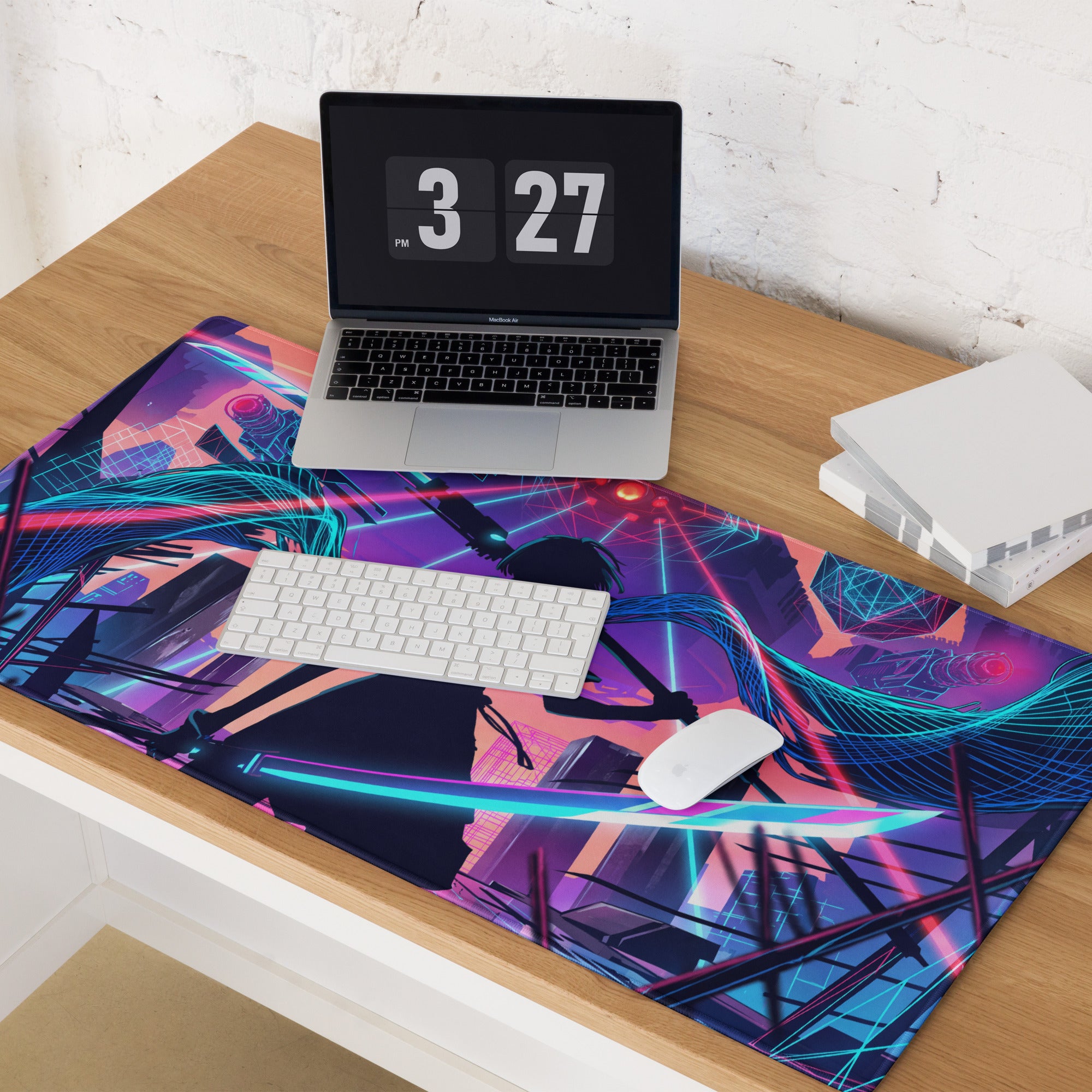 Neon cyberpunk anime-themed gaming mousepad with vibrant purple blue and pink holographic vaporwave neon city design