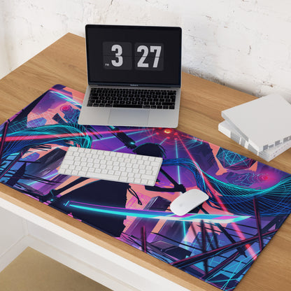 Neon cyberpunk anime-themed gaming mousepad with vibrant purple blue and pink holographic vaporwave neon city design