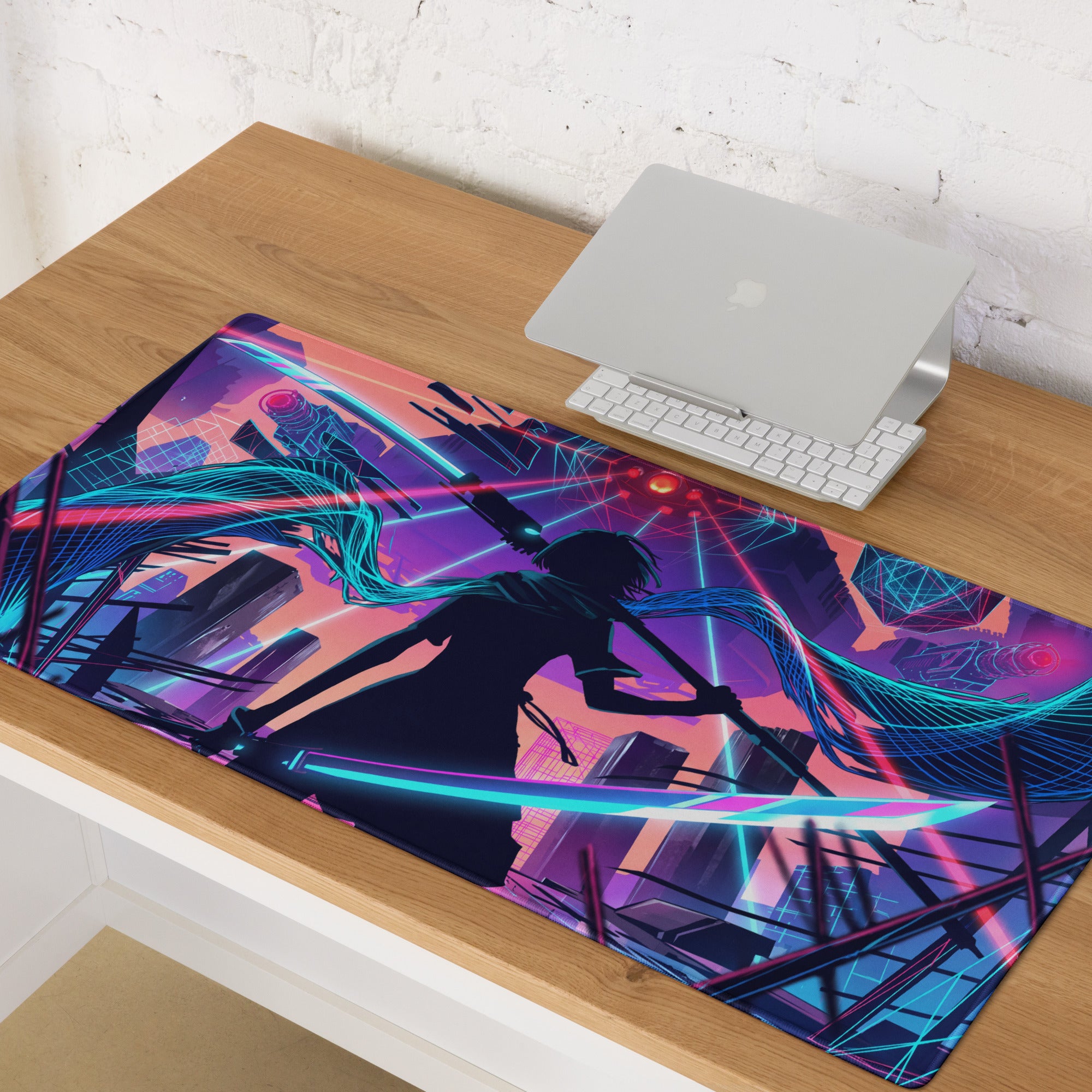 Narrow rectangular vaporwave neon city gaming mouse pad with vibrant pink blue purple cyberpunk anime design