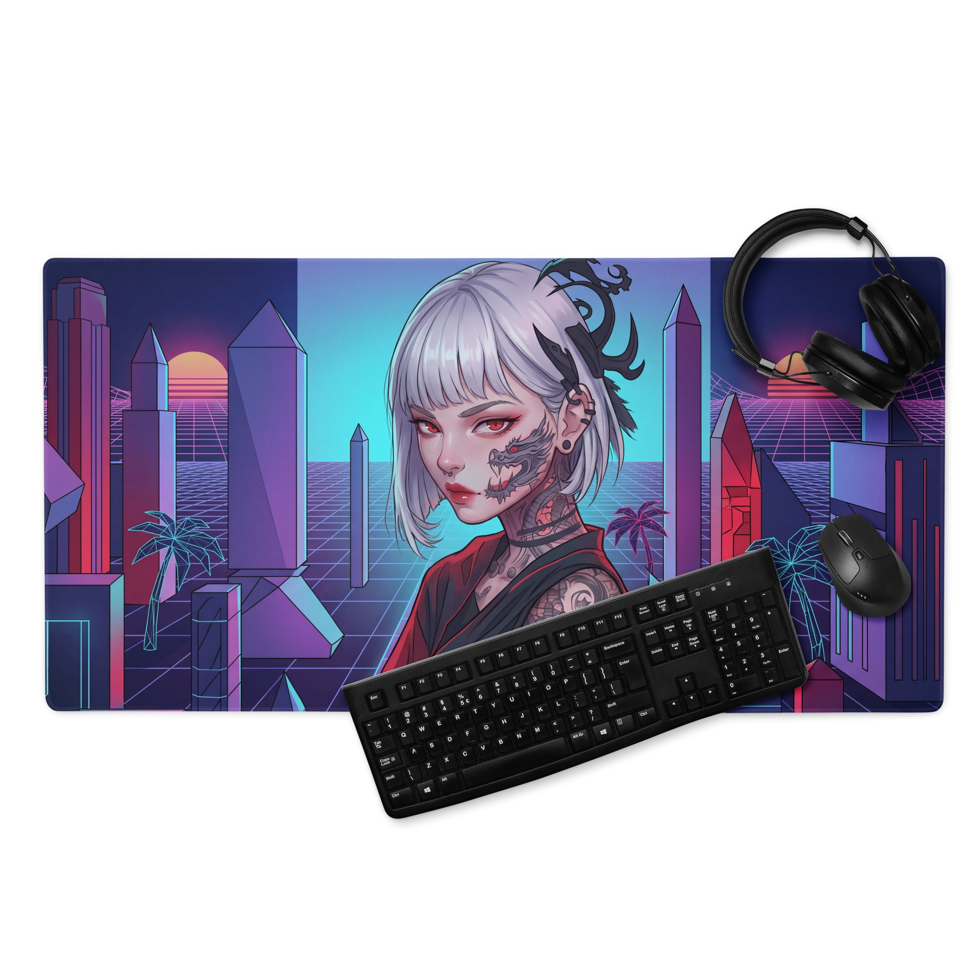Neon vaporwave cityscape gaming mouse pad with silver-haired anime girl and purple pink cyan geometric buildings design