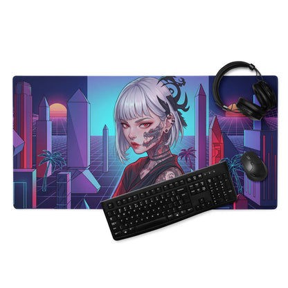 Neon vaporwave cityscape gaming mouse pad with silver-haired anime girl and purple pink cyan geometric buildings design