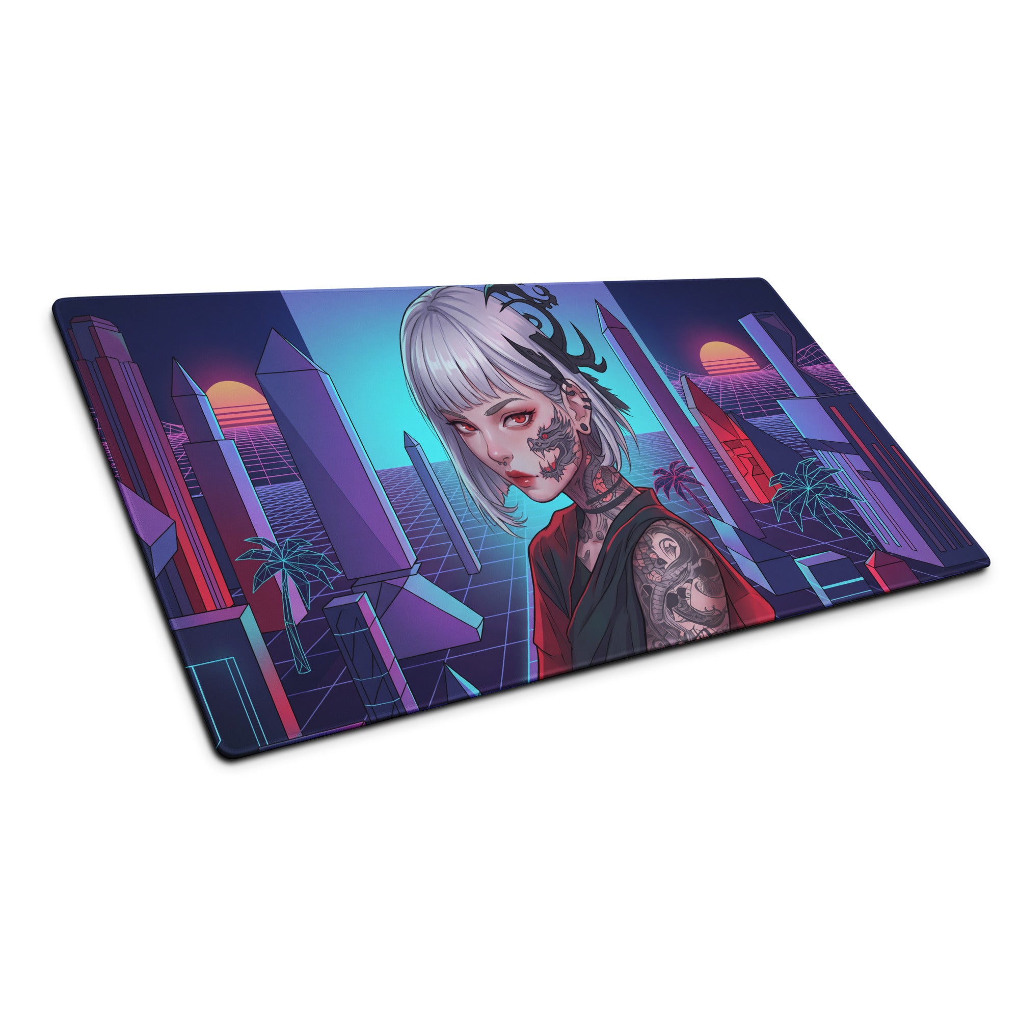 Nebula-themed neon vaporwave cityscape gaming mousepad with silver-haired anime girl and cyberpunk tattoo art in purple pink cyan