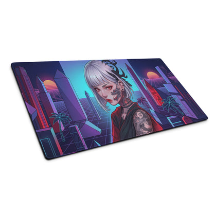 Nebula-themed neon vaporwave cityscape gaming mousepad with silver-haired anime girl and cyberpunk tattoo art in purple pink cyan