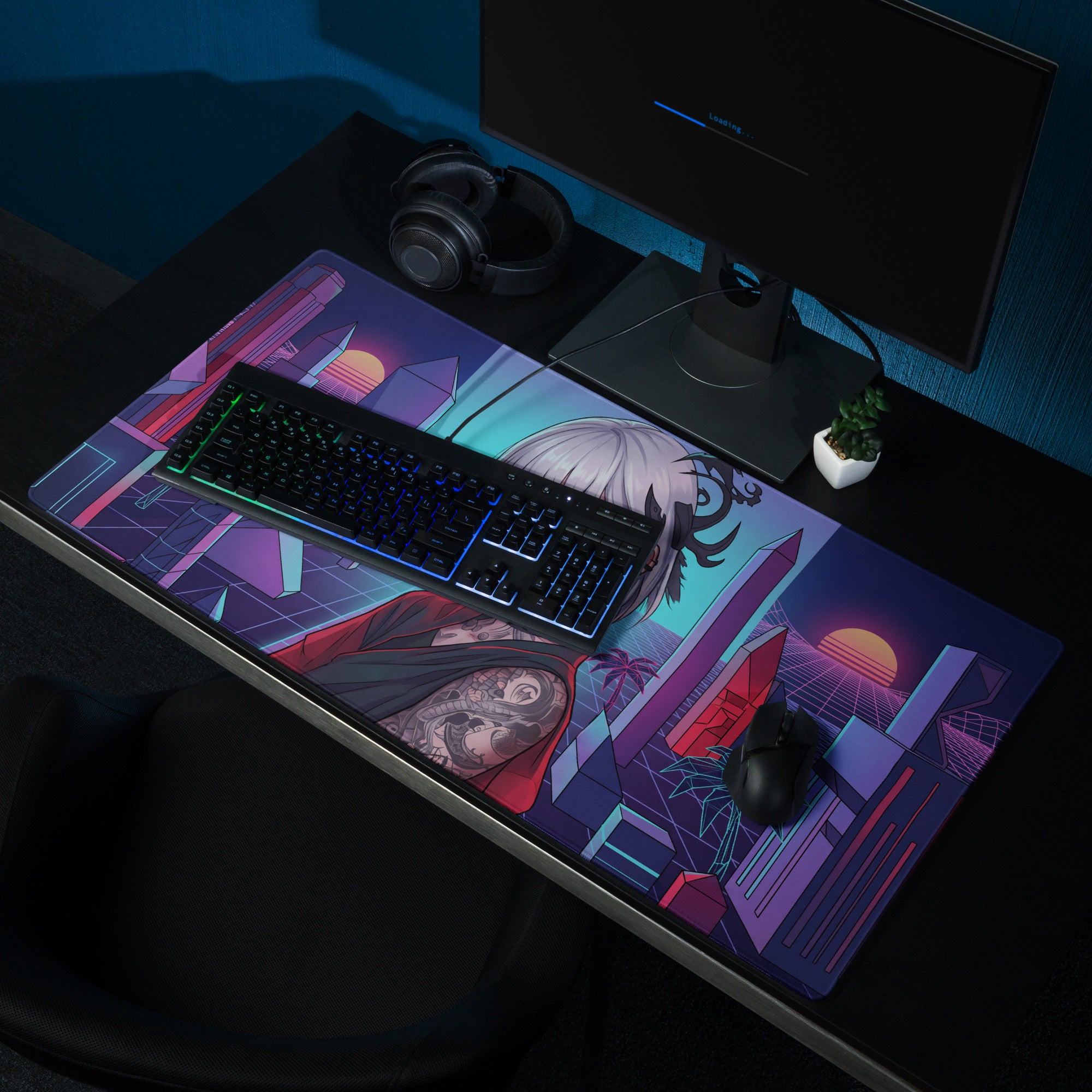 Ninjago-themed gaming mousepad with vibrant purple pink teal neon cityscape and red cloak character design