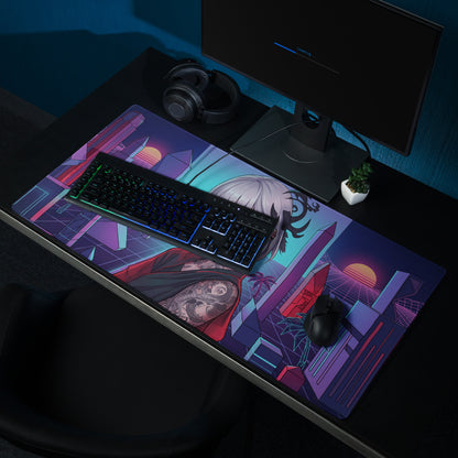 Ninjago-themed gaming mousepad with vibrant purple pink teal neon cityscape and red cloak character design