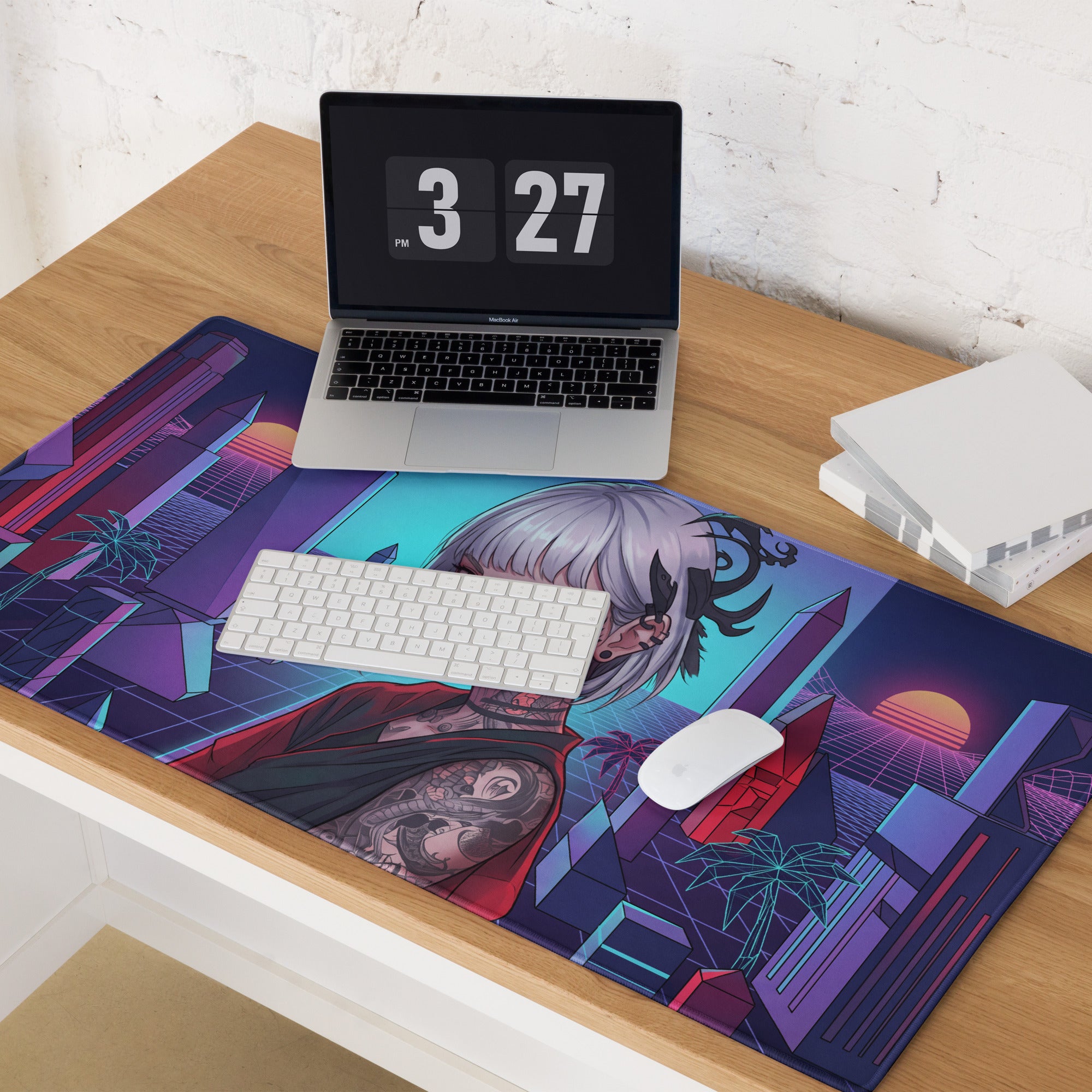 Vibrant purple and teal retro futuristic gaming mousepad featuring a silver haired anime character with neon cityscape