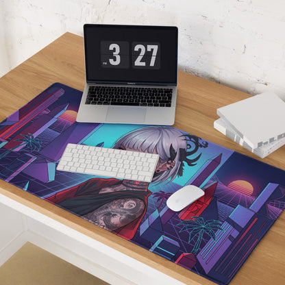 Vibrant purple and teal retro futuristic gaming mousepad featuring a silver haired anime character with neon cityscape