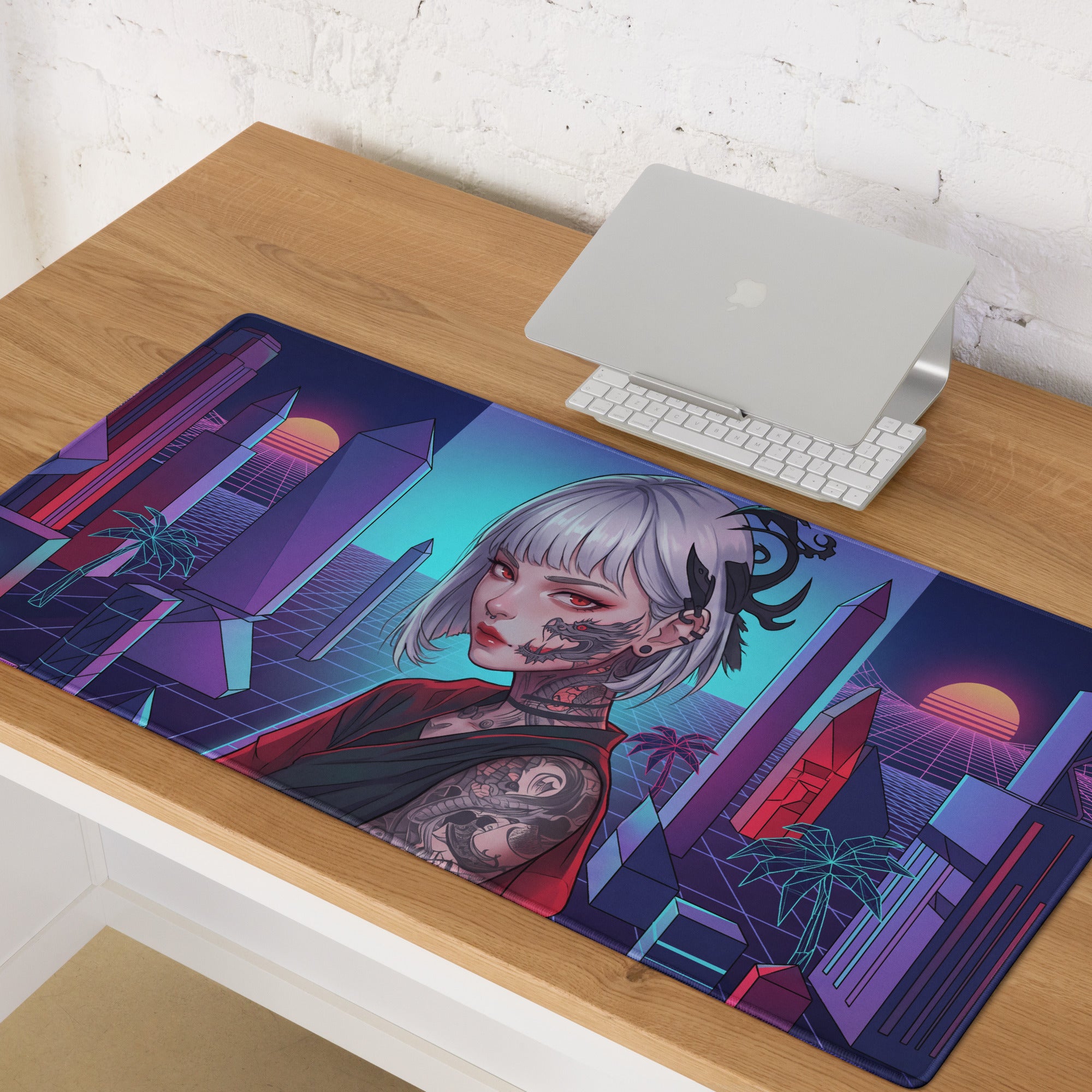 Navy blue and purple neon vaporwave cityscape mouse pad featuring a silver haired tattooed anime girl for gaming
