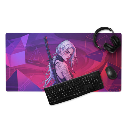 Vibrant purple and pink geometric vaporwave neon warrior mouse pad with stylized anime warrior holding a sword