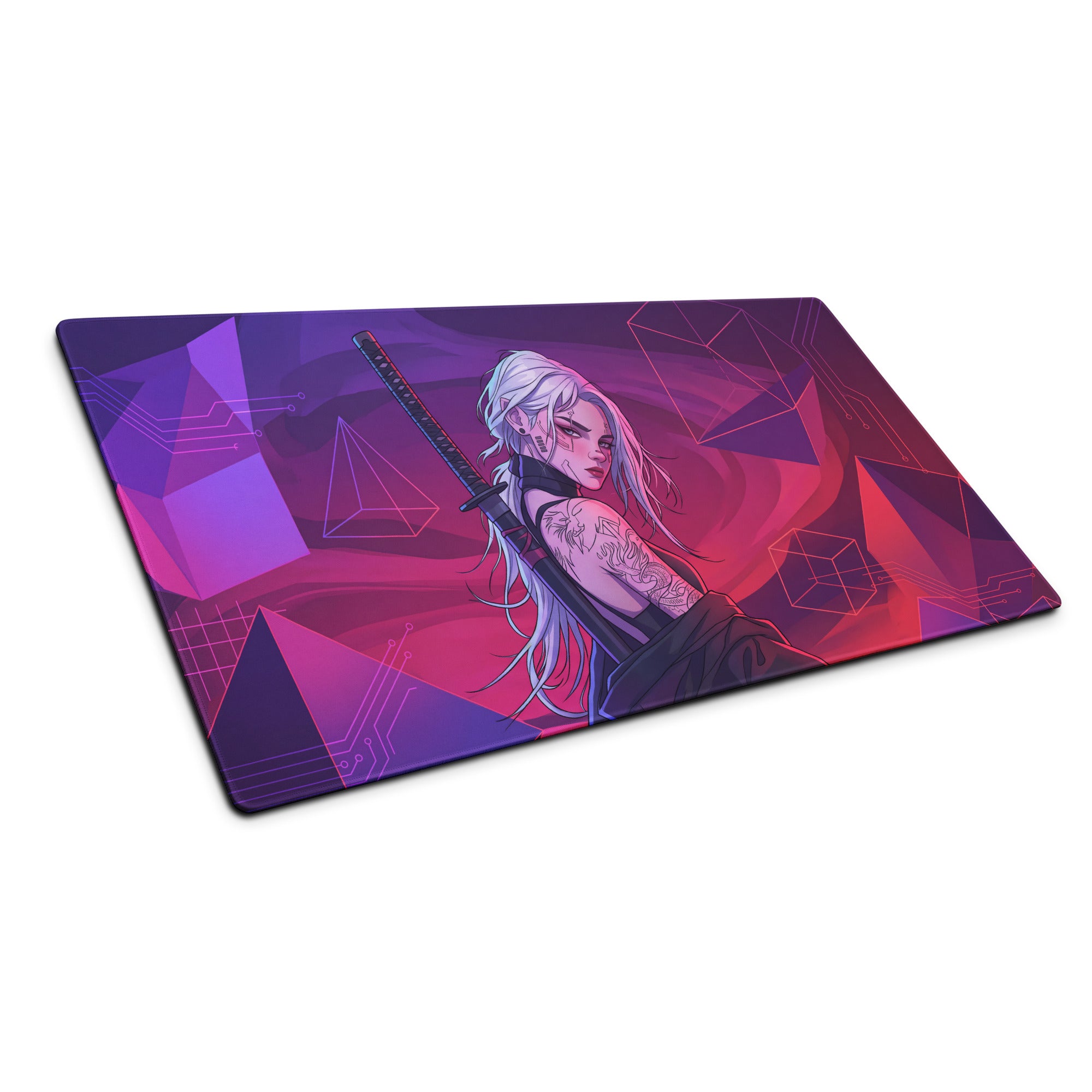 Purple and pink geometric-patterned vaporwave neon warrior mouse pad featuring anime-style white-haired female warrior with sword