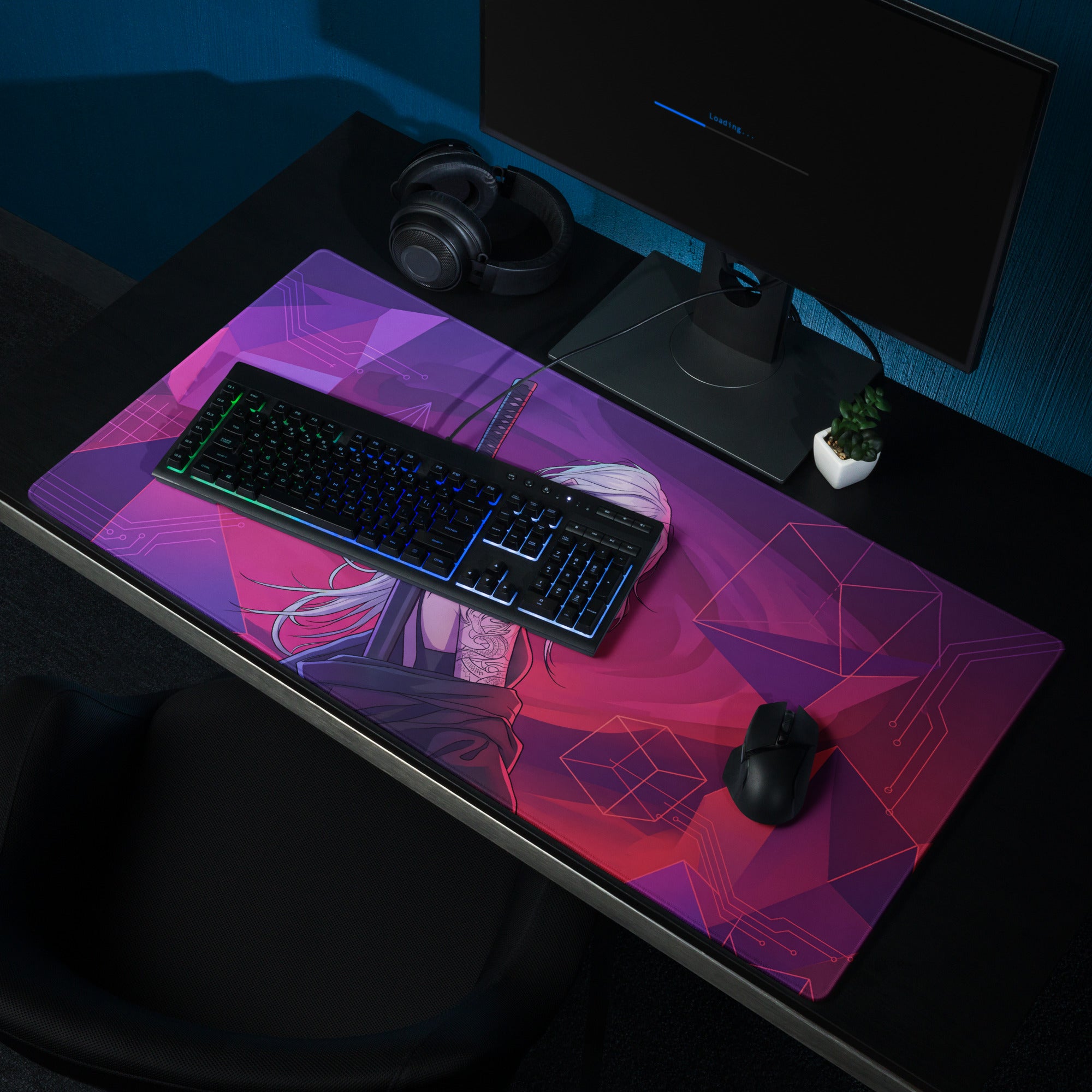Vibrant purple and pink vaporwave neon warrior mouse pad with geometric anime character illustration for gaming desk