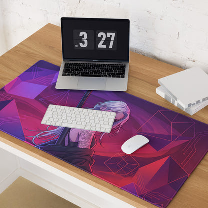 Vibrant purple and pink vaporwave neon warrior anime mouse pad featuring a stylized silver haired character