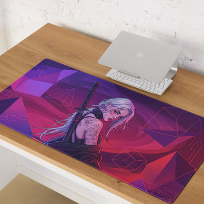 Purple and pink vaporwave neon warrior anime gaming mousepad featuring a silver-haired female character with sword