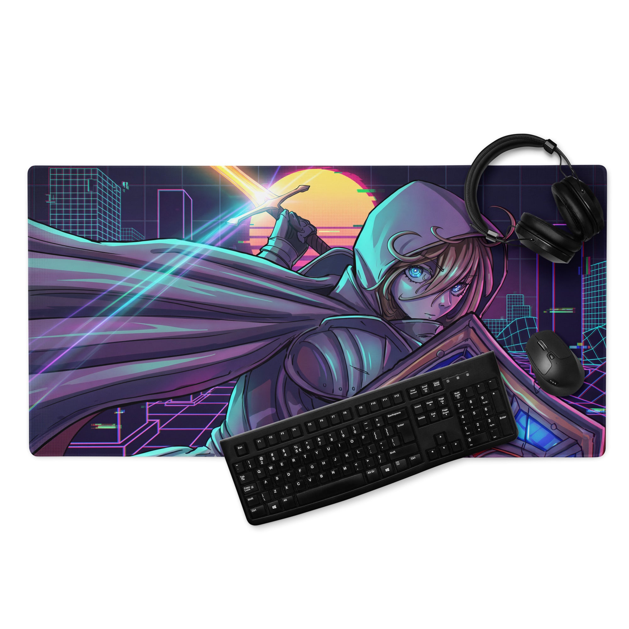 Vaporwave neon gaming pad gaming mouse pad with purple and teal glowing neon cityscape design for cyberpunk anime fans