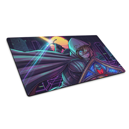 Nineteen-inch rectangular gaming mousepad with vibrant neon pink purple blue vaporwave anime cyberpunk design