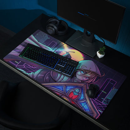 Vaporwave neon gaming mouse pad featuring a vibrant cyberpunk anime character with glowing blue eyes and geometric cityscape design in pink purple and blue