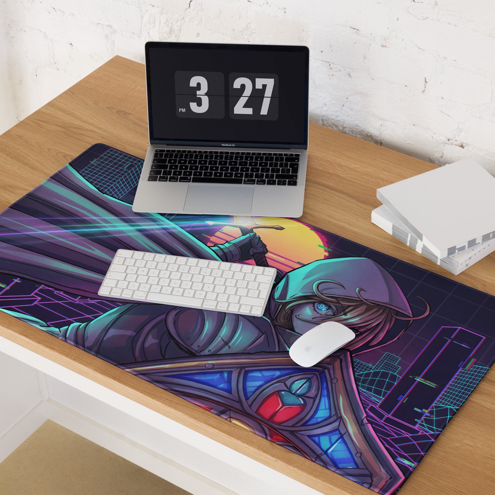Narrow rectangular gaming mousepad with vibrant neon pink purple and blue cyberpunk anime design on dark background