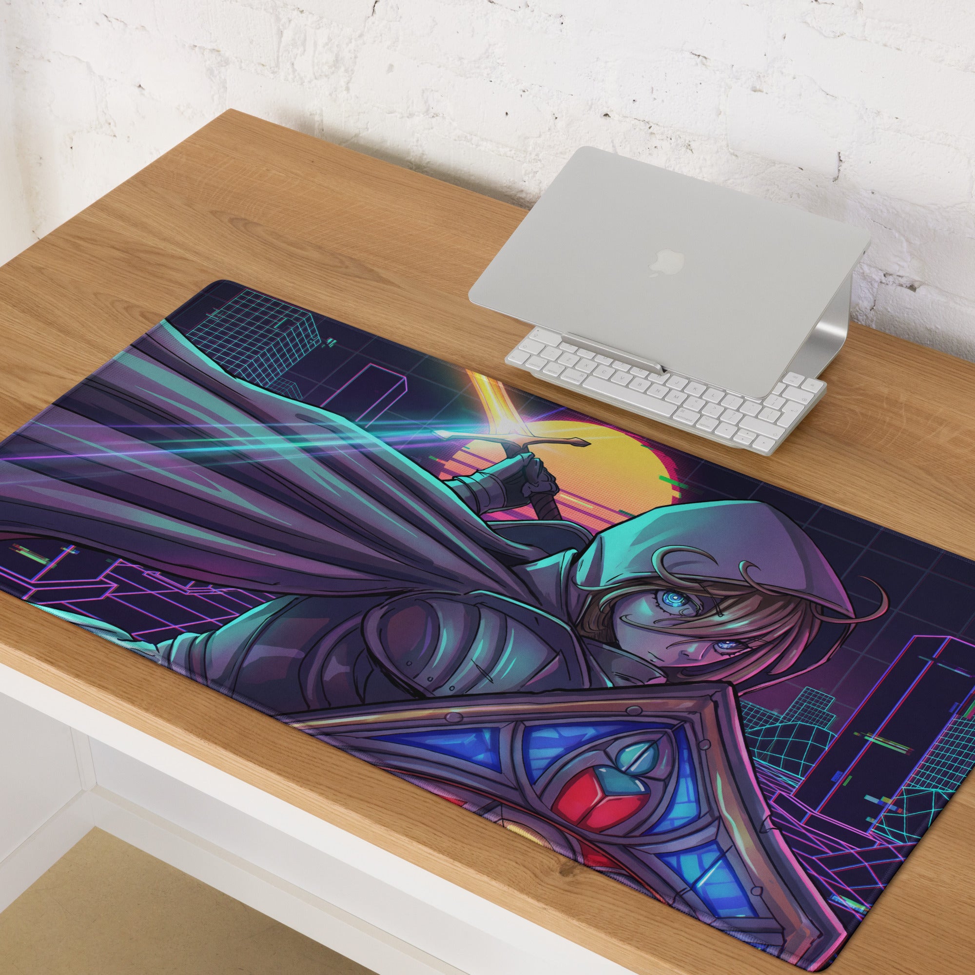 Narrow rectangular gaming mousepad with vibrant anime character in dark armor and neon cyberpunk cityscape design