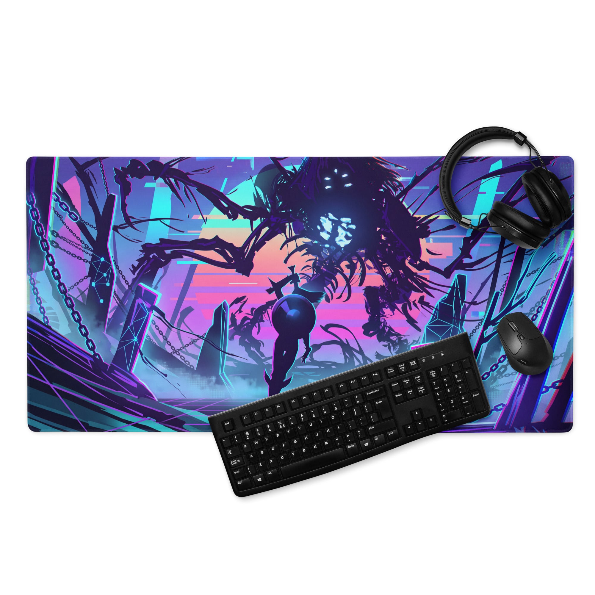 Vibrant purple and pink neon vaporwave gaming mousepad with stylized fantasy creature design for cyberpunk decor