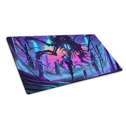 Narrow rectangular vaporwave gaming mousepad with neon purple pink cyan cyberpunk art and surreal digital design