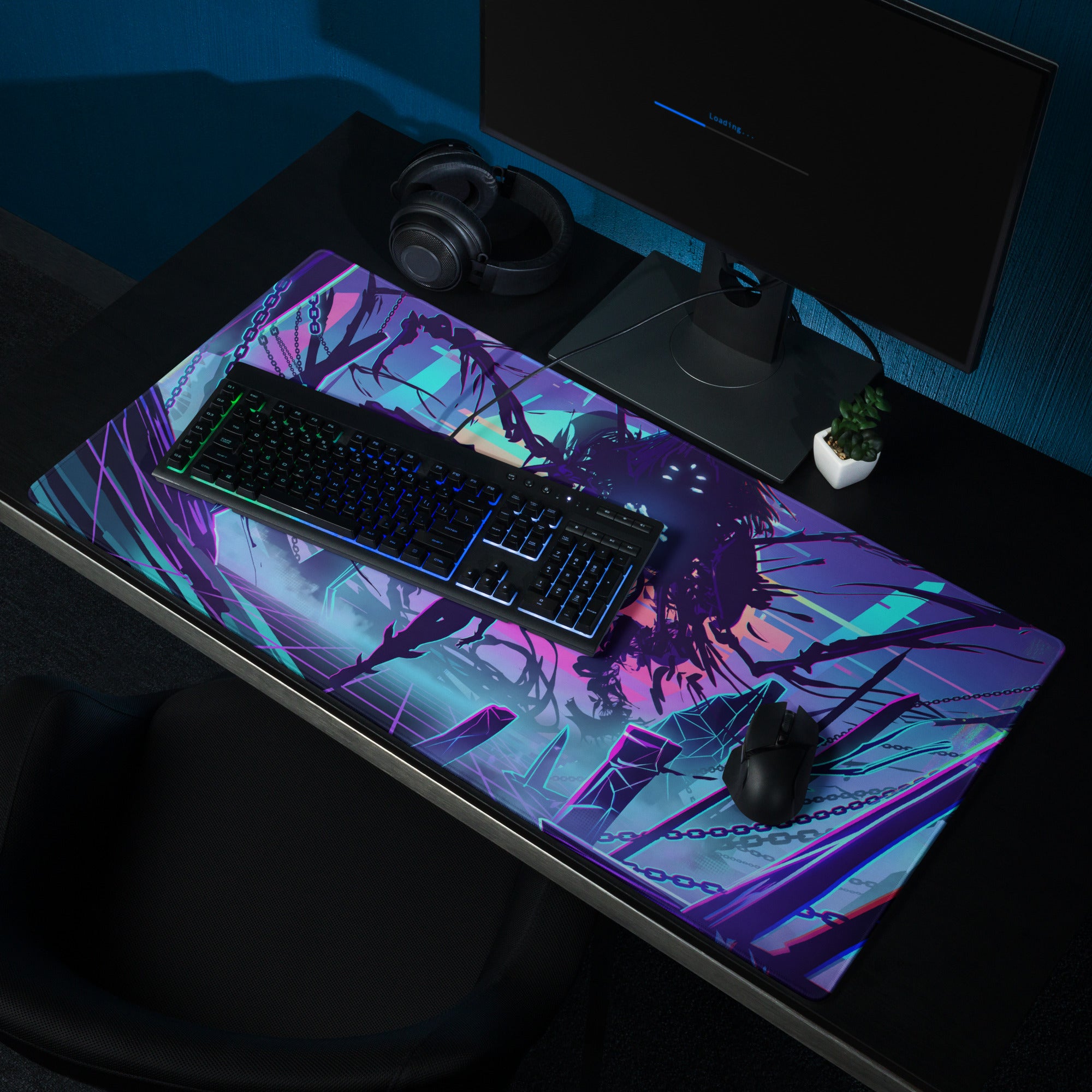A vibrant purple and teal neon vaporwave gaming mousepad with glowing accents and dark branch silhouettes