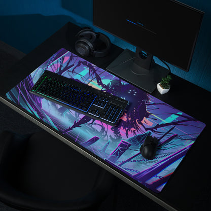 A vibrant purple and teal neon vaporwave gaming mousepad with glowing accents and dark branch silhouettes
