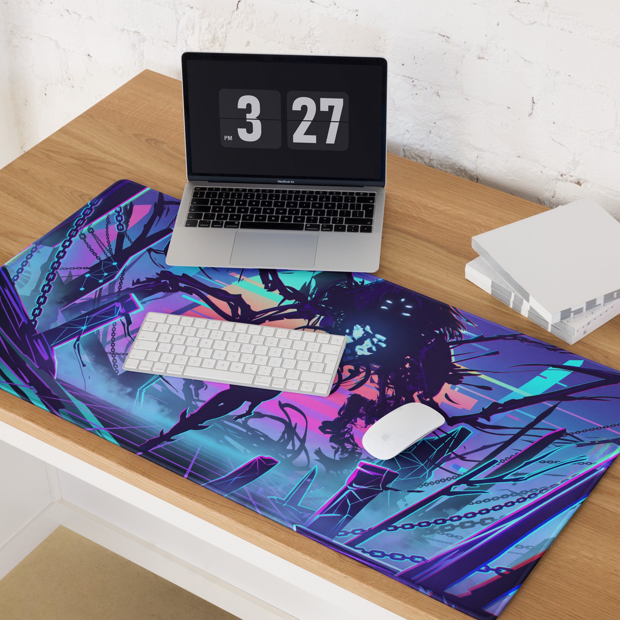 Neon vaporwave gaming pad featuring vibrant purple and teal cyberpunk design with intricate chains and silhouettes