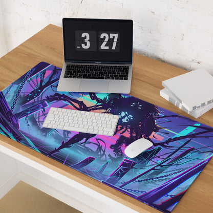 Neon vaporwave gaming pad featuring vibrant purple and teal cyberpunk design with intricate chains and silhouettes
